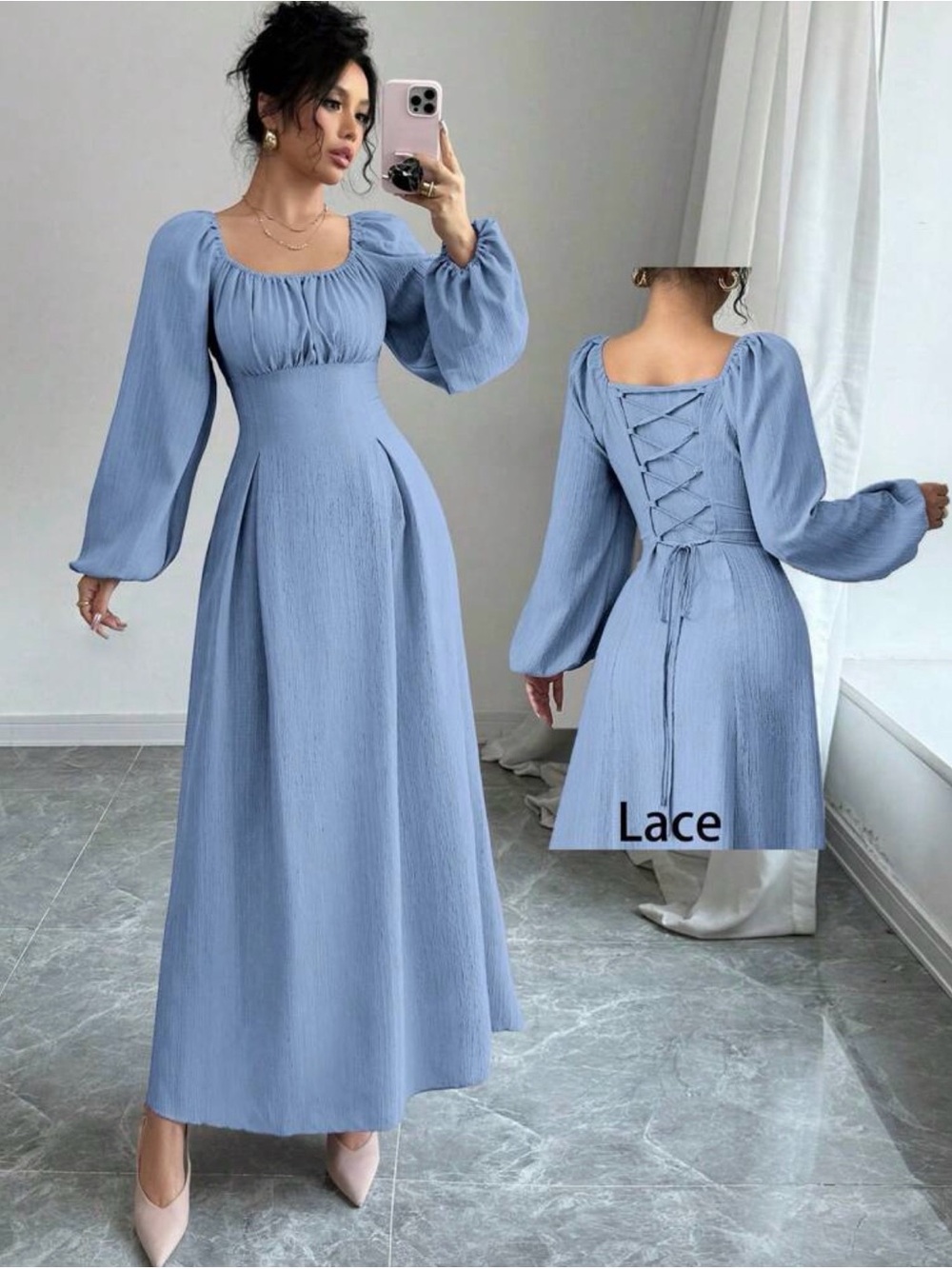 Light Blue Lace-Up Back Maxi Dress with Long Puff Sleeves